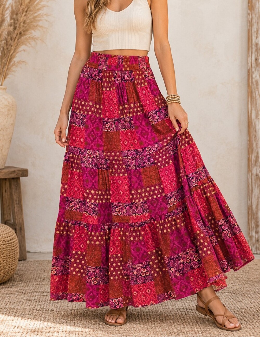 DIP Boho Patchwork Tiered Maxi Skirt Size M Pink Burgundy Festival Peasant